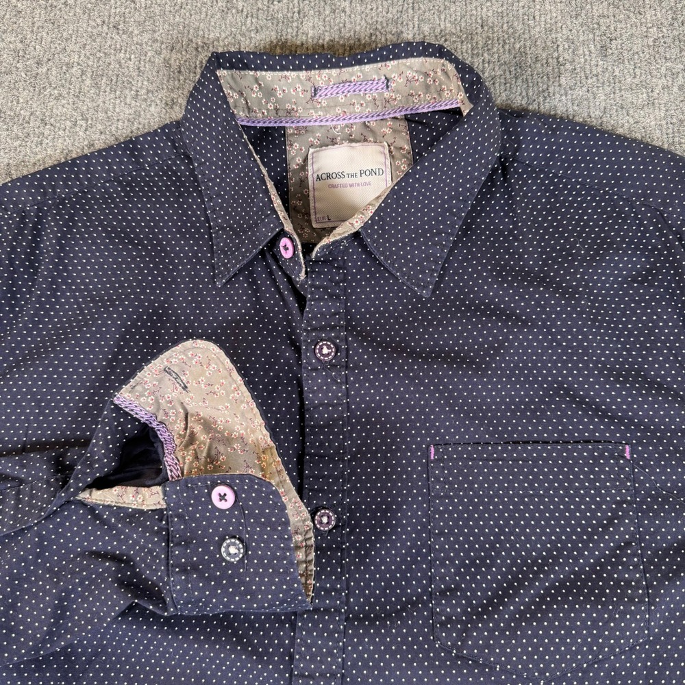 Across The Pond Mens Polka Dot Button Down Shirt Blue Floral Trim Large 3780